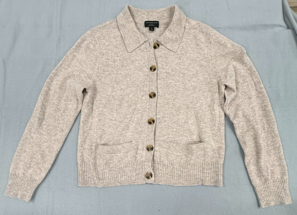 Charter Club Cardigan Sweater Womens Large Beige 100% Cashmere Button Front NWOT